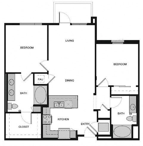 Floor plan for 2 beds, 2 baths, 1070 sqft